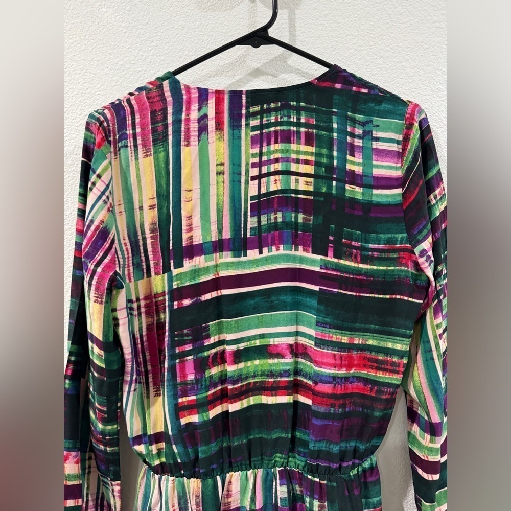 Parker 100% Silk Faux Wrap Surplice Neckline Long Sleeve Mini Colorful Dress S - Picture 9 of 14